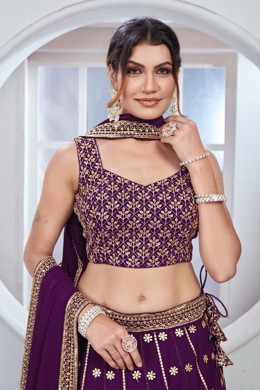Close-Up of Thread and Sequence Embroidery on Purple Lehenga for Women’s Wedding Wear